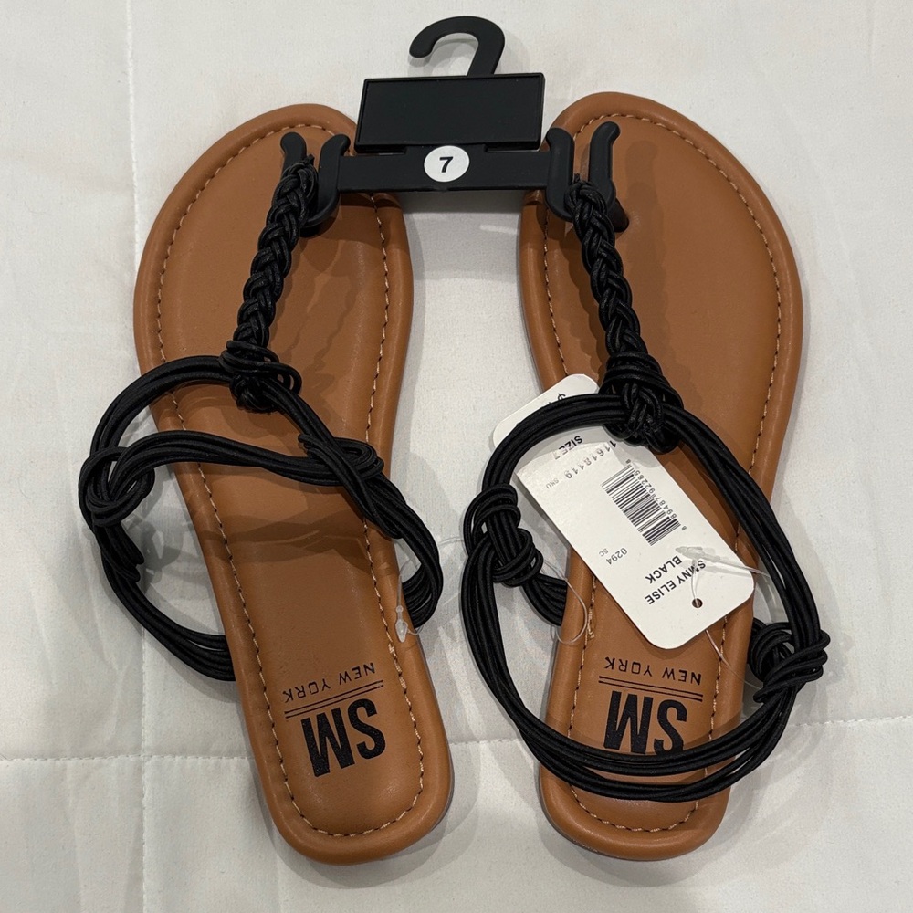 SM New York Black Braided Sandals with Tan Footbed